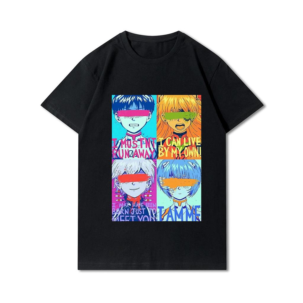 Pánská trička s potiskem Evangelion nadměrných velikostí Bavlněné topy Letní Anime Neformální Černá trička