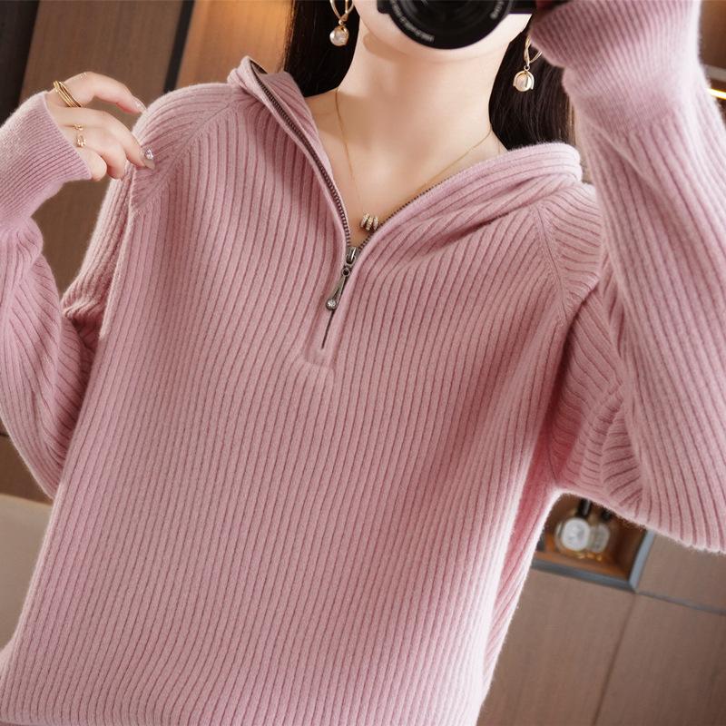 

Autumn and winter new zipper hoodie women s long-sleeved knitted sweater pullover hooded loose and thin versatile bottoming shirt S