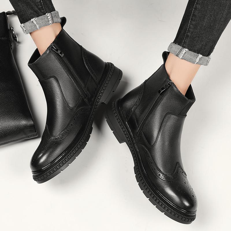 Side Zipper Men High Top Casual Shoes Luxury Chelsea Boots Genuine Leather Men's Ankle Boots High Grade Winter Plush Snow Boots