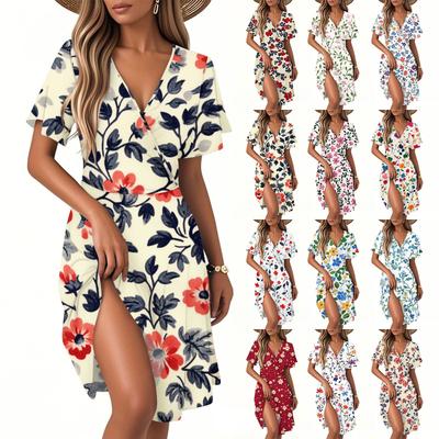 Damen Casual Fashion Kleid Vintage Floral Floral Kurzarm V-Ausschnitt Kleid