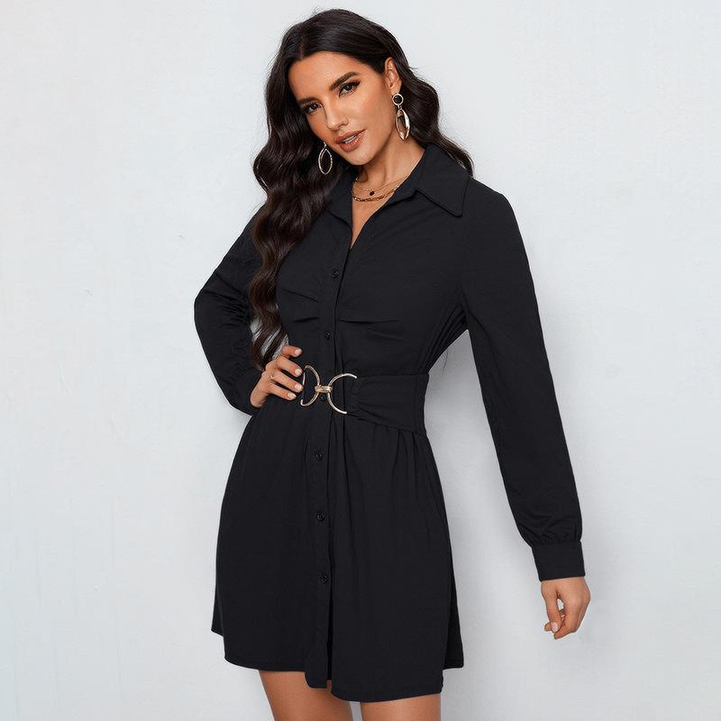 [Baizhiyi] European and American autumn new commuter style shirt skirt single-breasted long-sleeved lapel dress