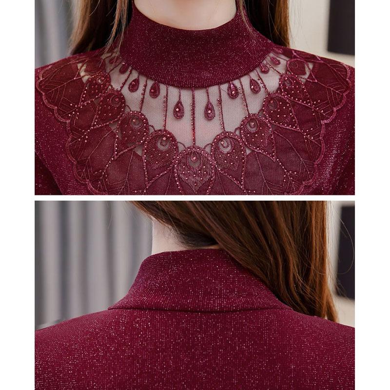 Women Bottom Lace Mesh Diamonds Blouse Autumn Winter Slender Warm Long Sleeves Shirt Elegant Vintage Solid Hollow Out Tops