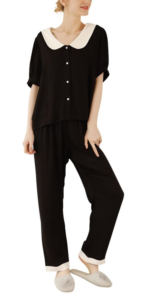 Euyqs Rayon Satin Pajama Short Sleeve Top and Pants Women's Set, (JP, Alphabet, M, Black)