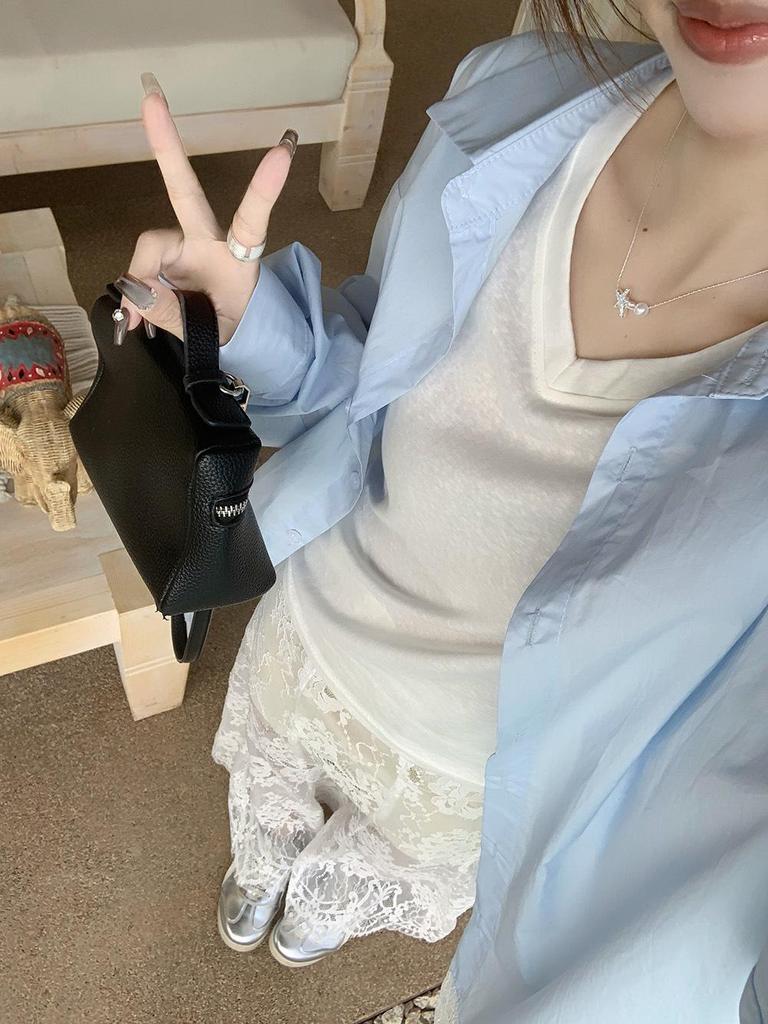 Women's Blue Spliced Lace Shirt Jacket - 2025 Korean Design, Loose Fit, Sun Protection for Summer