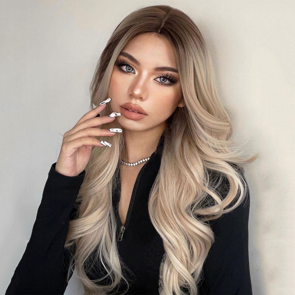 HENRY MARGU Blond Platinový Ombre Hnědý Syntetický Paruka pro Ženy Dlouhá Vlnitá Přirozená Paruka Cosplay Paruka s Cestičkou Uprostřed Žáruvzdorná