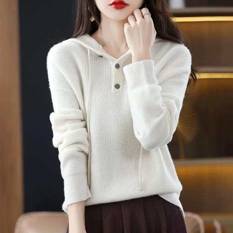 Autumn and Winter Women's Hooded Sweater Knitted Sweater Pullover Sweater Loose Fitting Hooded Base Sweater