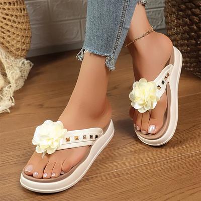 Modische Sandalen mit flachen Absätzen und Blumendekor für Damen Nieten Dicke Sohle Klobige Plateau-Pantoletten 2025 Sommer Komfort Rutschfeste Flip-Flops
