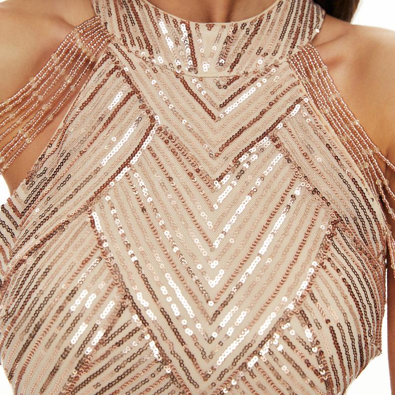 Damen Sexy Pailletten Quasten Schulterfrei Neckholder Bodycon Maxikleid Party Abendkleid Formelle Kleider Meerjungfrau Bodycon Cocktail Abendkleid für Damen