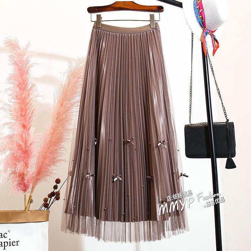 

Double-Sided Mesh Beaded Pleated A-Line Bowknot Skirt - Slimming Summer 2025 Style M кавовий