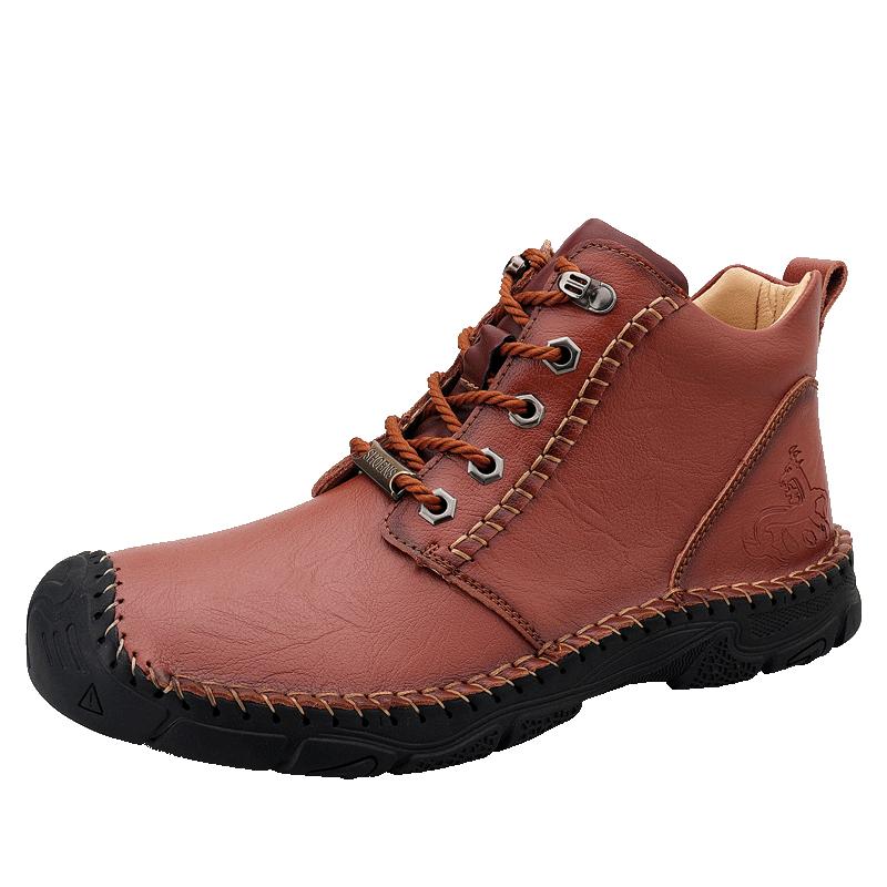 High Top Casual Shoes Men's Lace Up Genuine Leather Flat Bottom Boots High-quality Hiking Shoes Men Wide Toe Barefoot Boots Lace