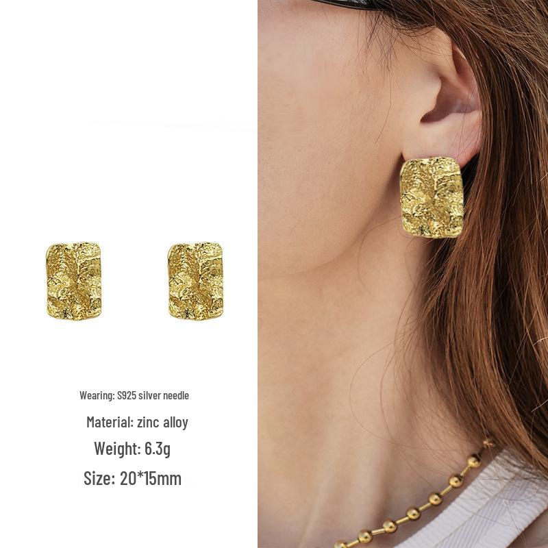 S925 European & American Style Pleated Metal Cool Tone Hammered Texture Earrings - Niche Design Plated