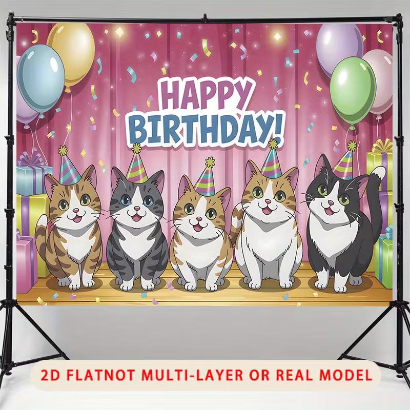 2D Cartoon Kitten Birthday Backdrop Pink Curtain Balloon Party Background