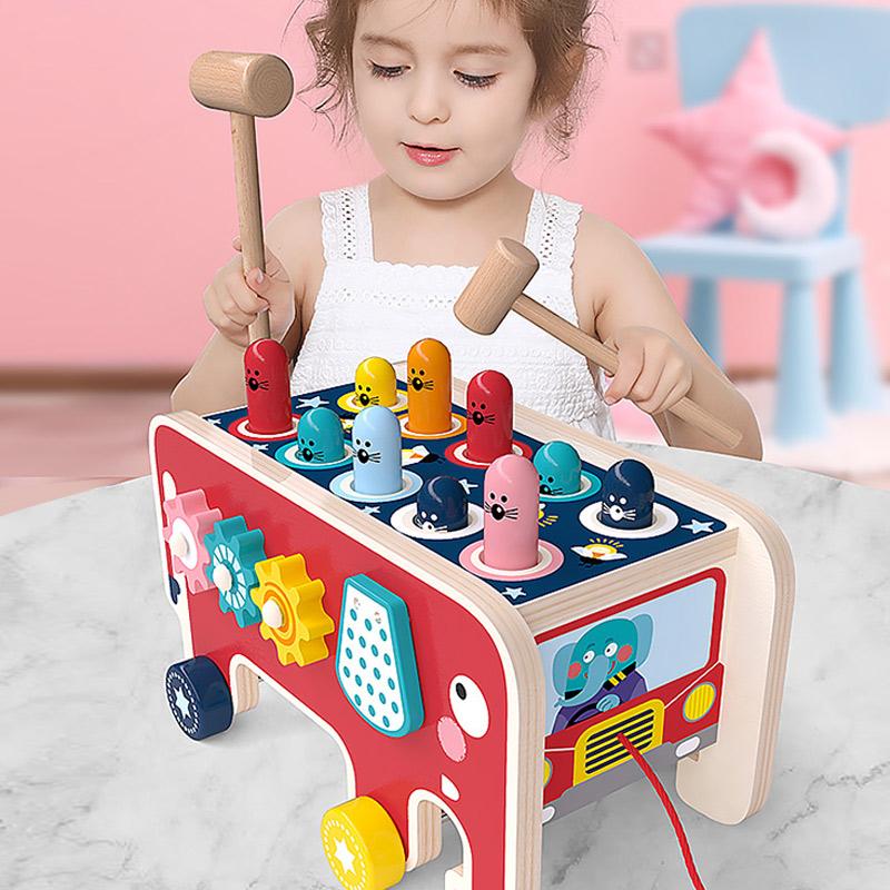 BabyToys Bebe Toddler Kids Wooden Fun Game Montessori Activity Toys For Children Elephant Beating Whack-A-Mole Hammer Pounding