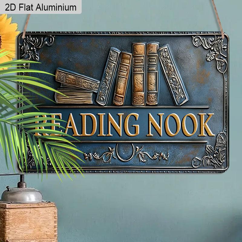 2D Flat 1pc 12"x8" Retro Book Stack Aluminium Wall Art with "READING NOOK" Quote - Vintage Home Library Decor, Classic Book Design, Durable Aluminium