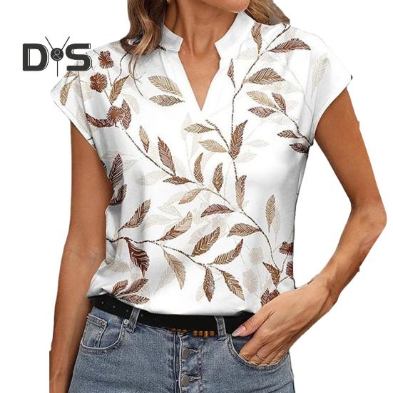 

Женский летний топ с V-образным вырезом, воротником-стойкой, принтом листьев, короткими рукавами, свободный пуловер, прямой, дышащий, мягкий, повседневный, женская футболка M белый