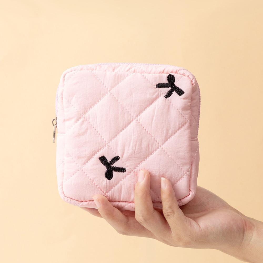 Gift Bow Sanitary Napkin Organizer Bag Coquette Quilted Women's Mini Clutch Bag Cotton Small Makeup Bag