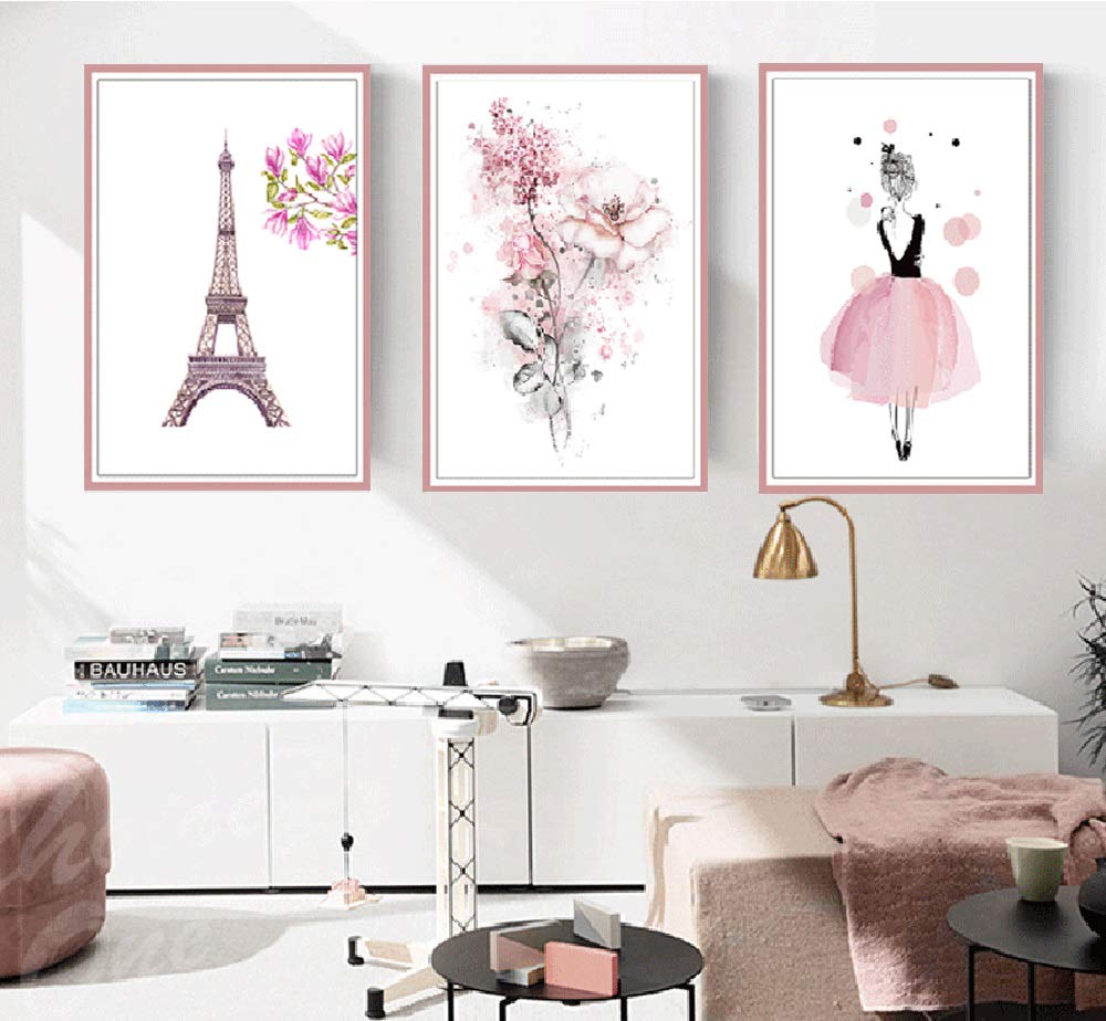 Fuji Player Wall Sticker Pink Flower Eiffel Tower Paris Girl Nordic Interior Poster Wall Decoration M0217