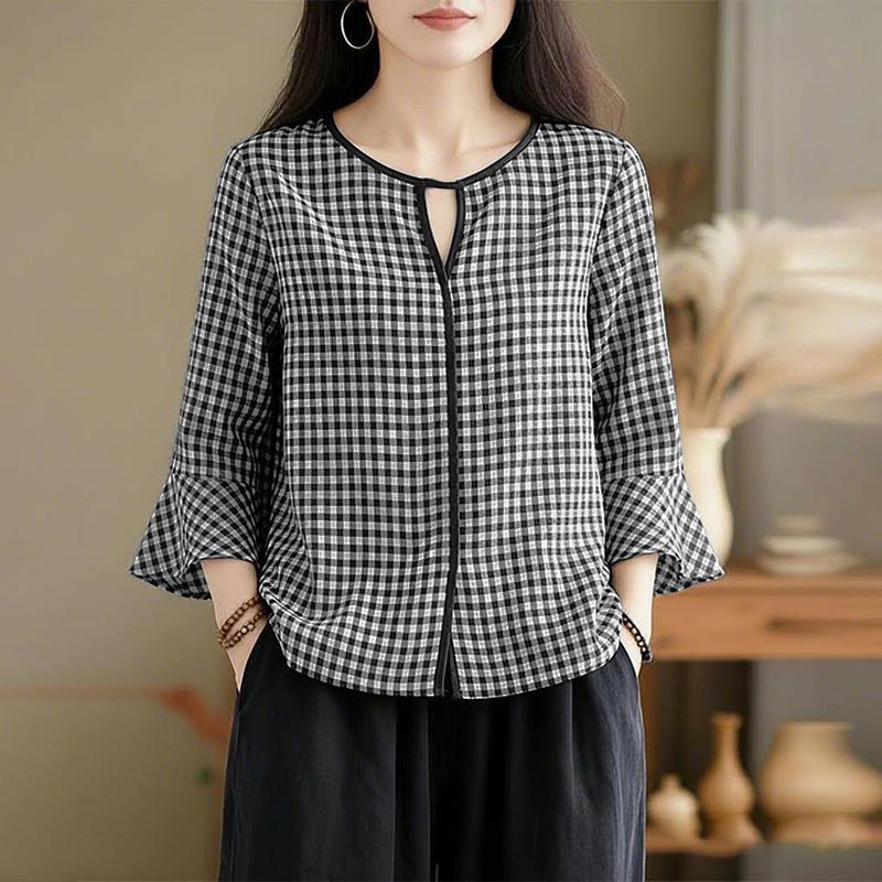 ZANZEA Women Grid Print Casual Round Neck 3/4 Sleeve Blouse S чёрный