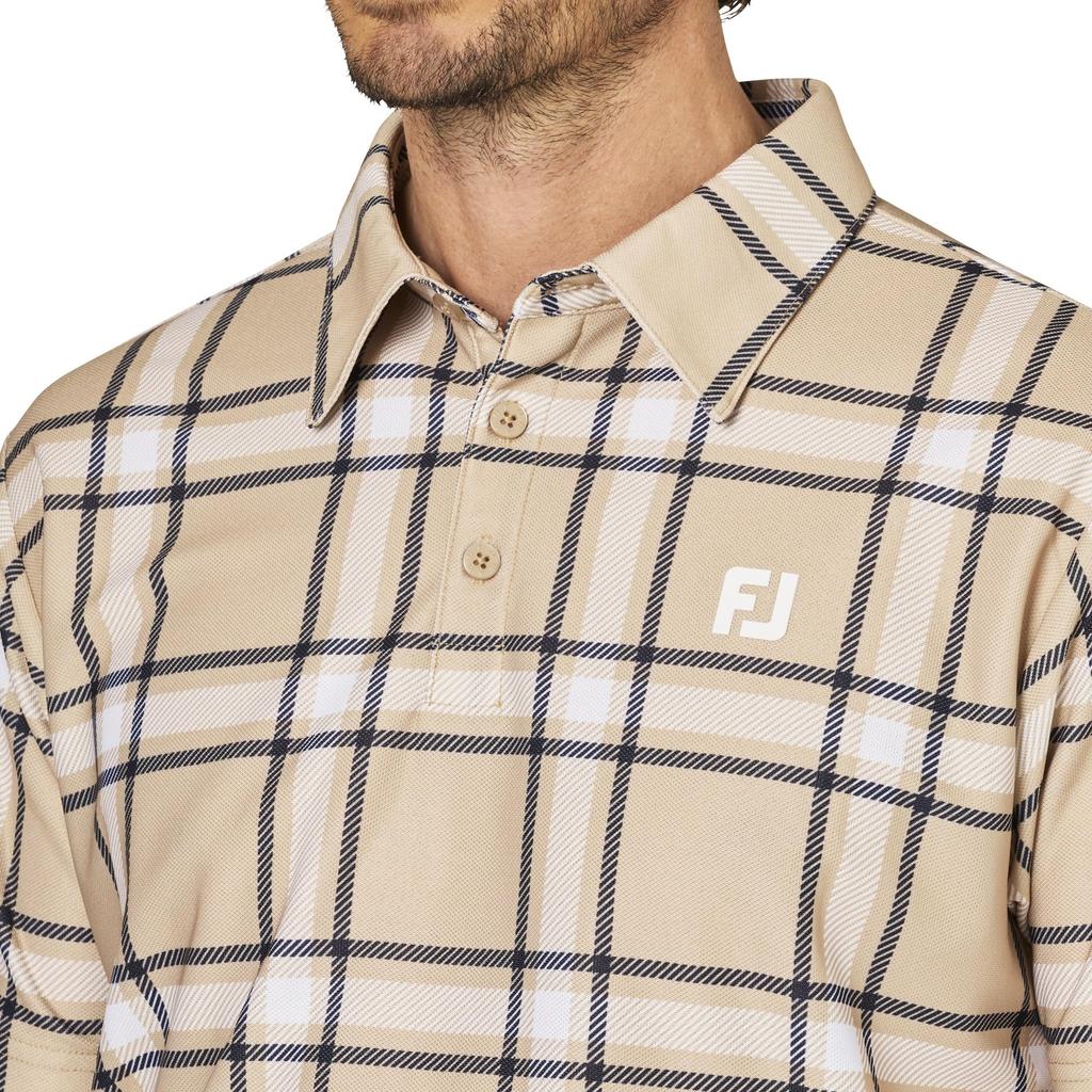 FootJoy Men's Beige Check Print Short Sleeve Pique Golf Shirt, Size XL (FJ-S25-S04, 35037-XL)