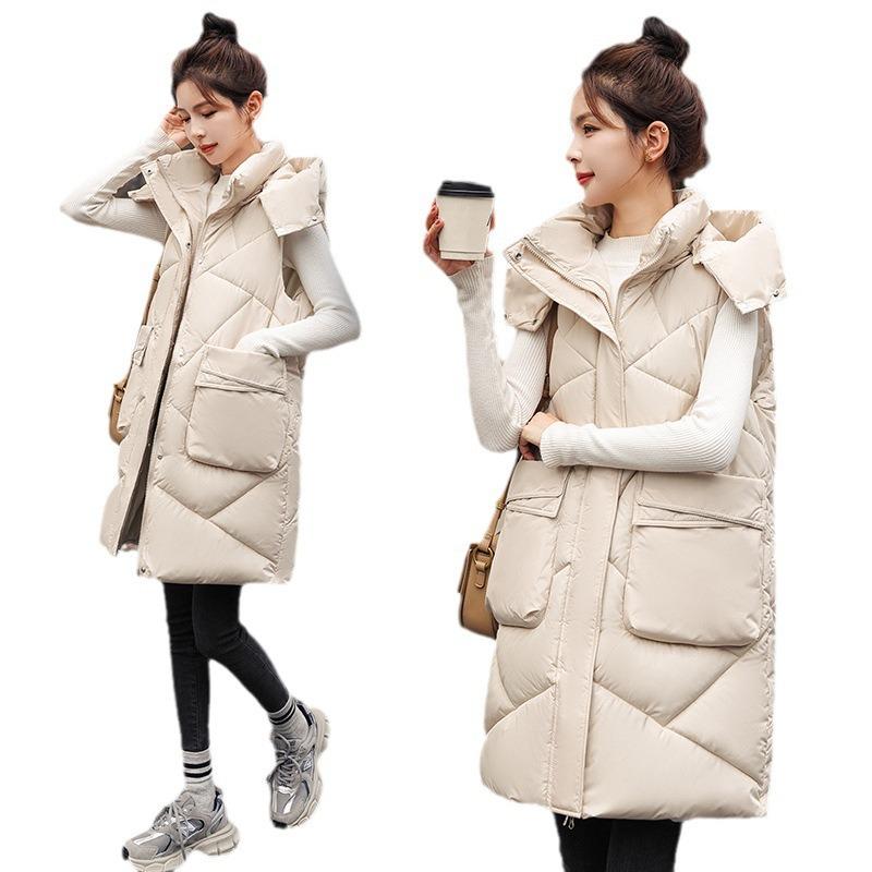 Winter New Medium and Long Large Pocket Vest Thickened Hooded Vest Jacket Cotton Vest Women's Trend