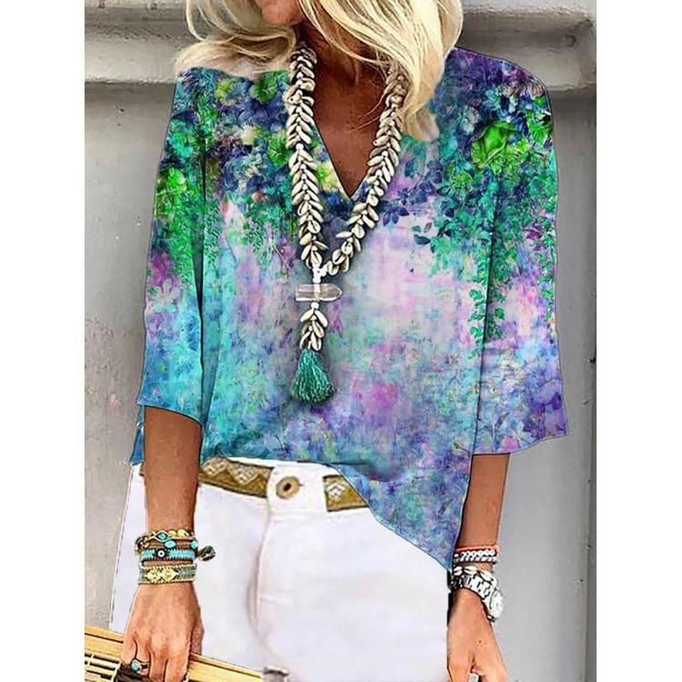 Summer Casual Printed V-Neck Half Sleeve T-Shirt Women's Fashion Blouse Plus Size S-3XL Femme Tops
