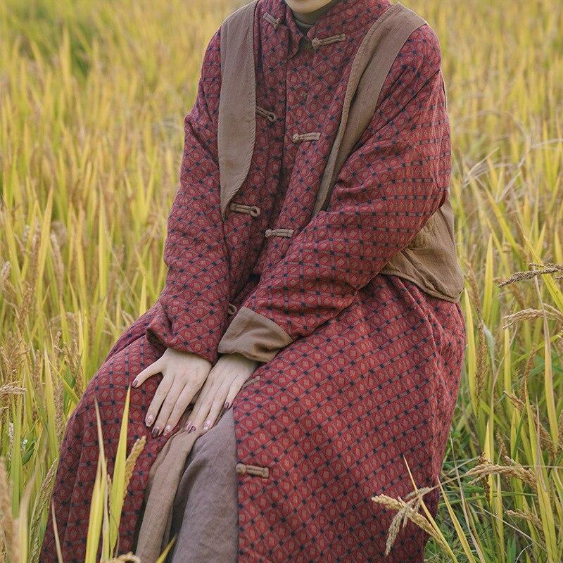 Johnature Dámské parky v čínském stylu Stojáček Dlouhý rukáv Teplé zimní kabáty Potisk Květinová patchworková dámská parka