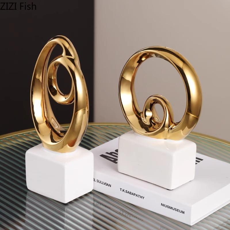 Gold Plated Endless Chain Abstract Artwork Ceramic Statue Desk Decoration Ornaments Chain Sculpture Room Aesthetics Decor