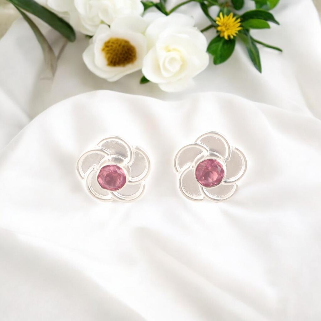 Natural Pink Tourmaline 925 Solid Silver Unique Boho Jewelry Stud Earrings 0.5" EE-157-13