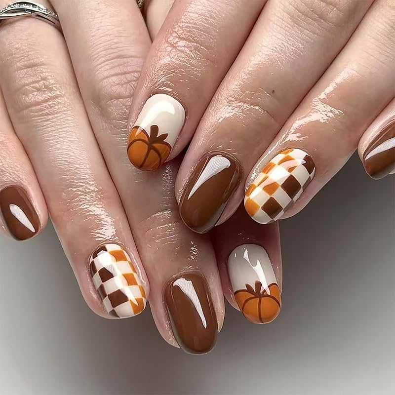 24Pcs Fall Press on Nails Medium Square Fake Nails with Autumn Leaves Designs Red Autumn Maple Leaf False Nail Thanksgiving Acrylic Nails Kit Red