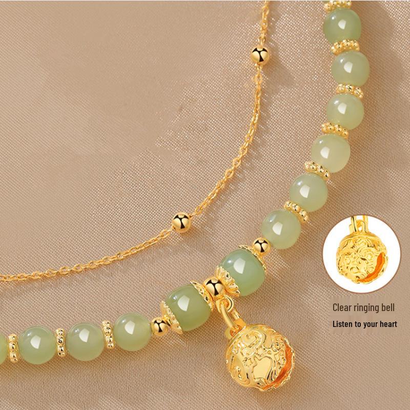 High-End Natural Hetian Jade Wind Chime Bracelet for Women - Lucky Bead Palace Bell Design