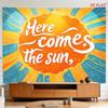 2D Flat, [2D Plane Printing] 1 Large Size/small Size Pattern Printed Tapestry- Here Comes The Sun, Vibrant, Sunburst, Calligraphy, Sky Blue Background