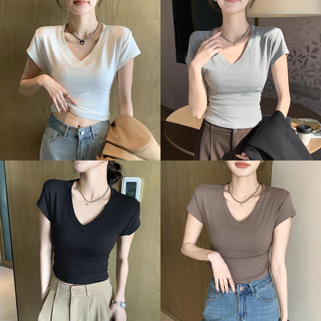 Summer Slim Fit V Neck T Shirt For Women With Polyester Fabric And Short Sleeves