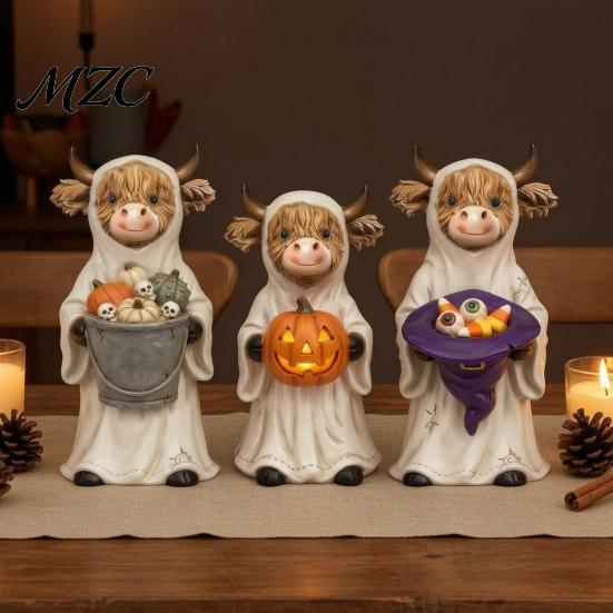 Small Bookshelf Ornament 3Pcs Halloween Ghost Highland Cow Figurines, Resin Yak Statues with Pumpkin, Farmhouse Spooky Desktop Figurine Tabletop