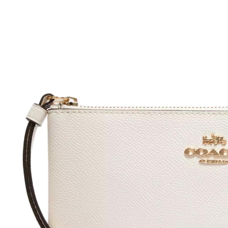 Coach Corner Zip 20 Metal Logo Zip Closure Saffiano Leather Clutch Women's Gold and Chalk White