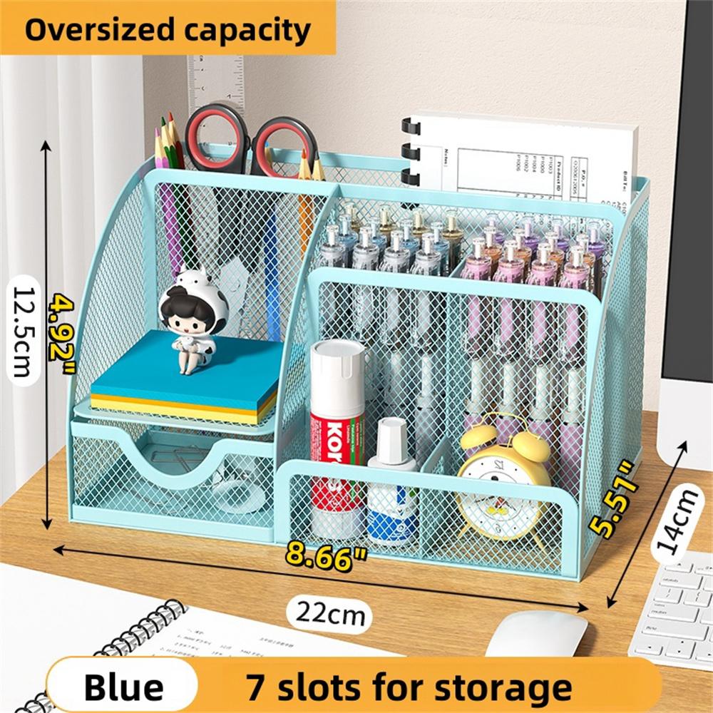 Desk Stationery Organizer Creative Metal Pen Holder Pencil File Storage Rack 7 Grid Storage Box Divided Container Office Access