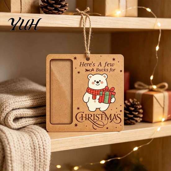 Christmas Tree Money Hanging Decor Wooden Holder, Vintage Cash Gift Holder Ornaments Decorative Envelope for with Santa/Snowman/Tree Pattern