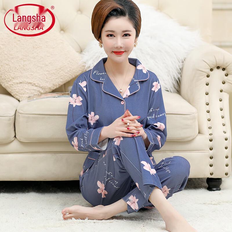 Langsha Women s Loose Cotton Long-Sleeve Pajama Set L