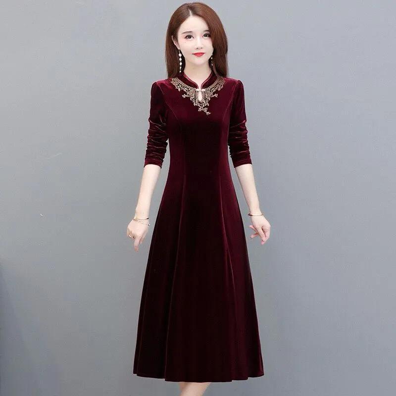 Robe en velours pour femme automne hiver Dame Robe de fête à manches longues Décontractée A-line Élégante Robes mi-longues