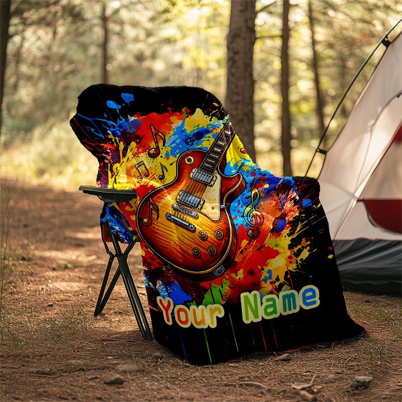 1PC Custom Name Music Notes Guitar Art flannel blanket versatile,all-season throw suitable for the living room,bedroom,camping,travel,and gift