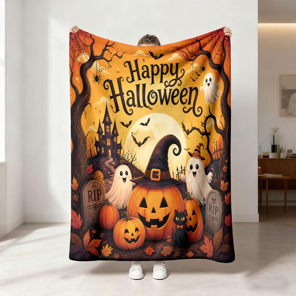 1pc Halloween Ghost Pumpkin Castle Happy Halloween Flannel Blanket Soft Cozy Sofa Nap Throw Blanket Holiday Festival Home Dec