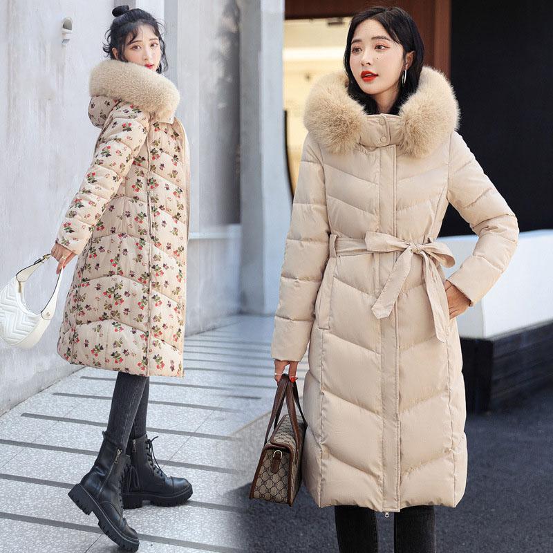 Women's Autumn and Winter Plus Size Thickened Padded Jacket In The Knee-length Hooded Hair Collar Ethnic Wind Slim Thin Outerwear