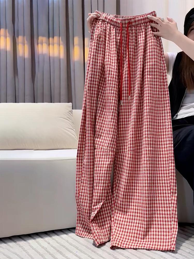 Women Vintage Red Plaid Linen Blend Wide Leg Pants High Waist Slim Straight Trousers Casual Long Pants For Summer Petite Ladies