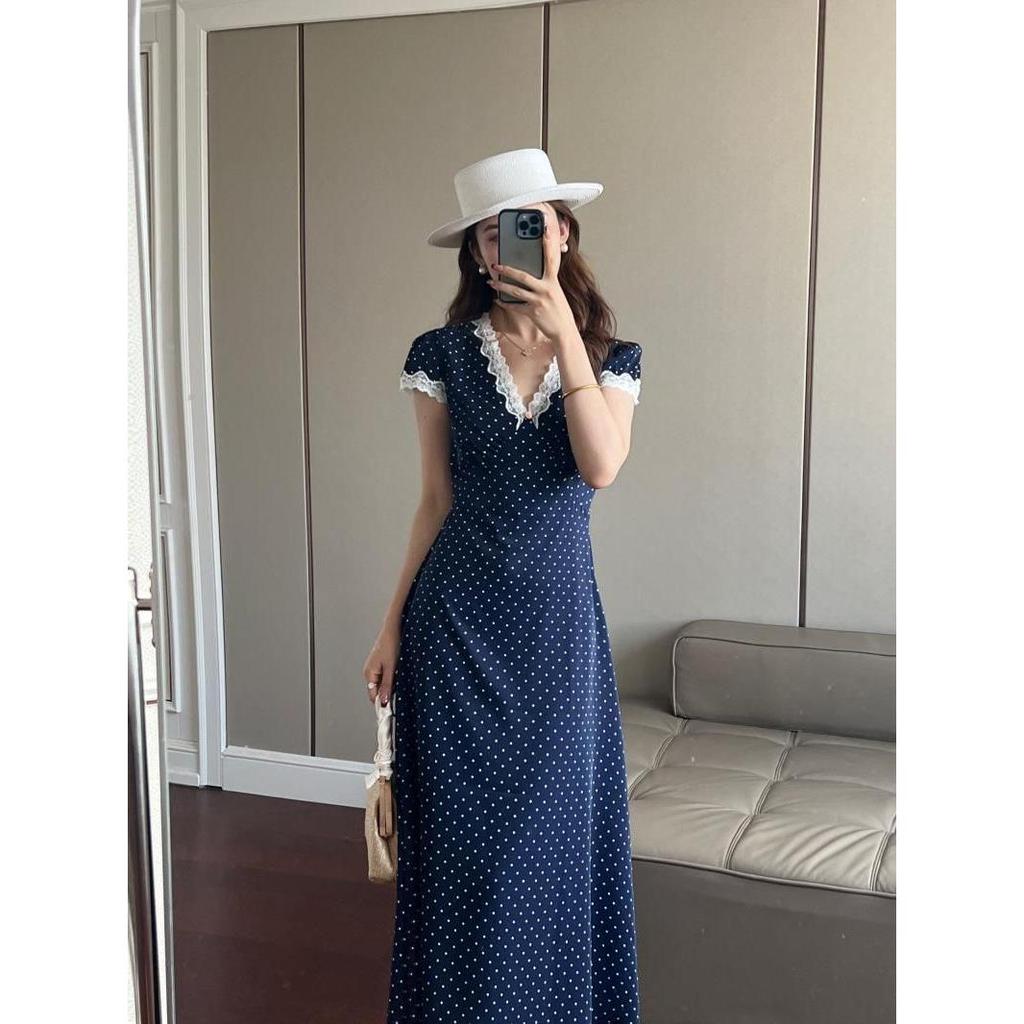 Women's Summer French Retro Polka Dot Dress with Lace Trim and Waist-Cinching Design