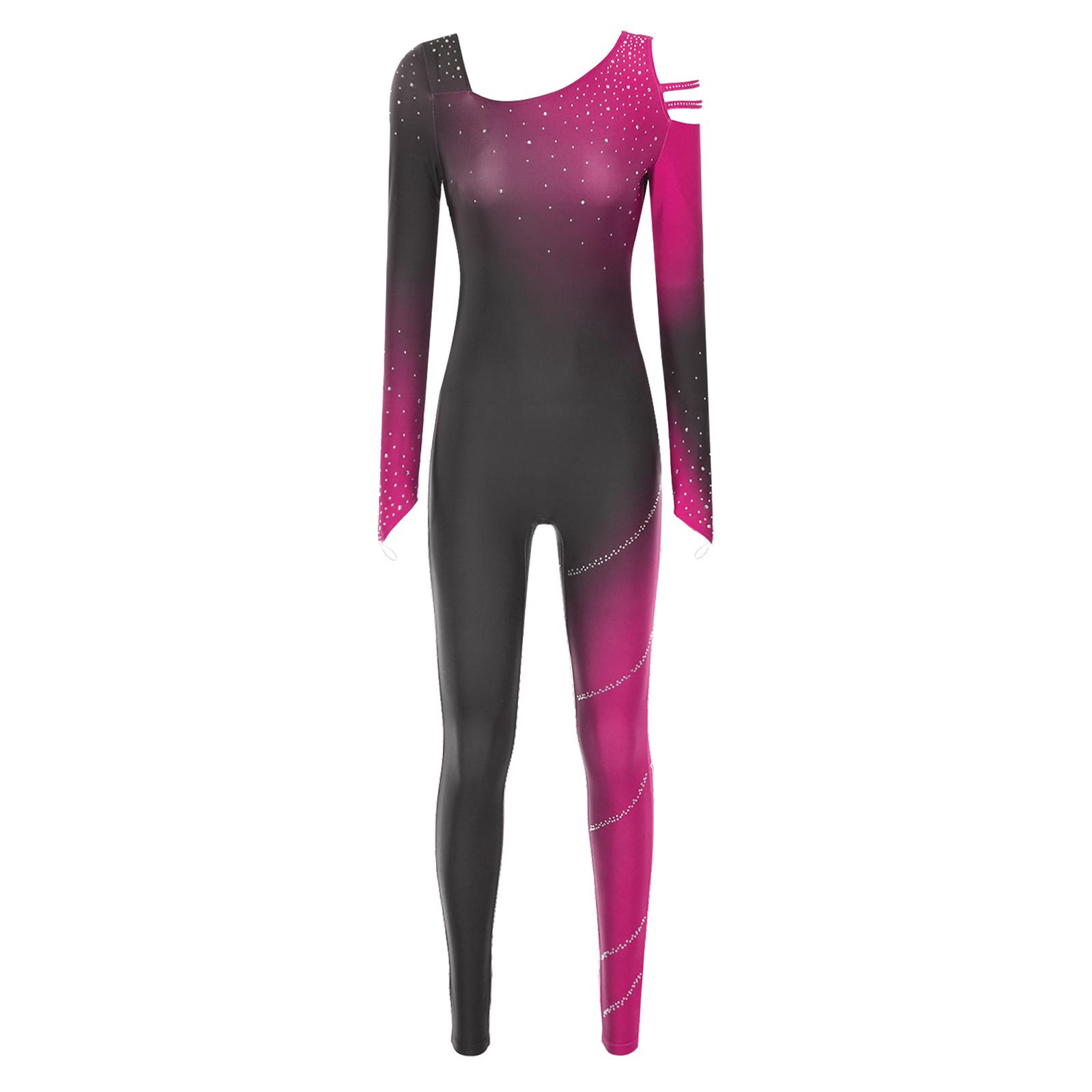 

Жіночий боді градієнтного кольору, комбінезон-трико, прикрашений блискучими стразами, для гімнастики, фігурного катання, виступів M рожевий червоний колір