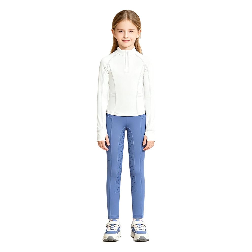 Tenue d'équitation pour filles Ensemble à col montant, manches longues avec trous pour les pouces, pull à fermeture éclair avec pantalon d'équitation à grip intégral antidérapant pour l'entraînement
