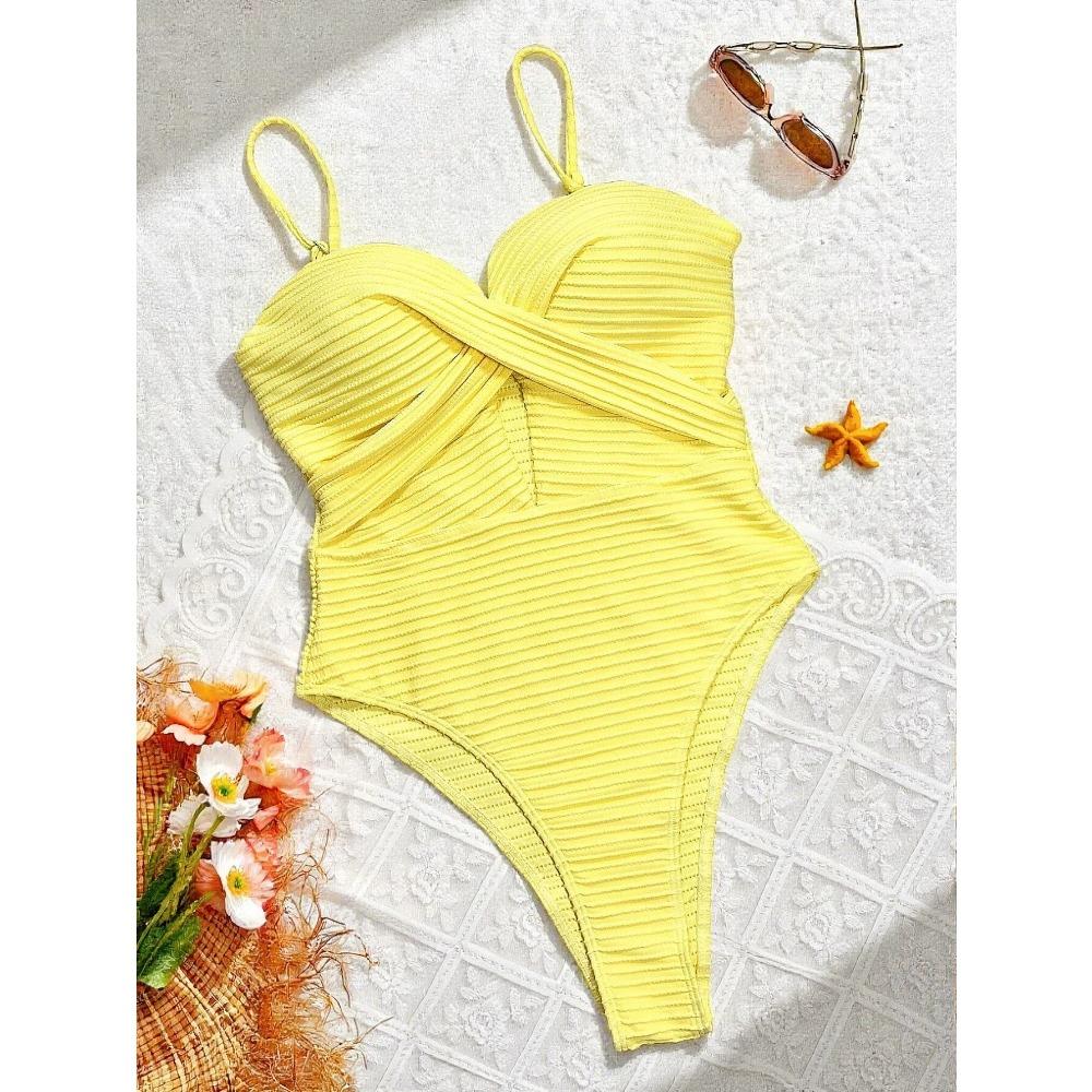 Sexy Yellow Swimwear Women 2026 Hollow Out Cross Slim Tummy Control One Piece Swimsuit Beach Backless Bathing Suit Monokini