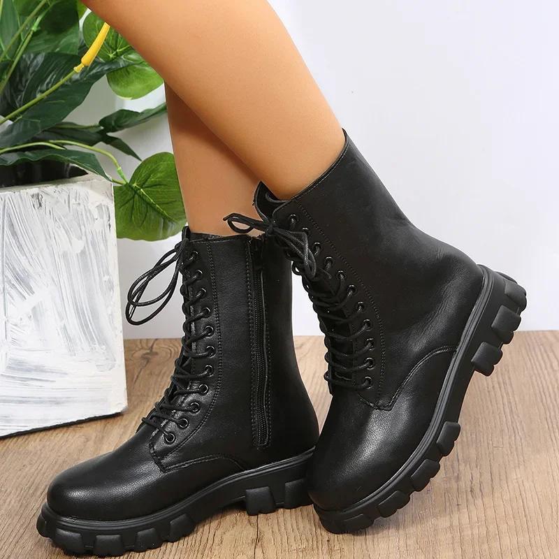 Boots Women  Autumn Winter PU Leather White Ankle Boots Motorcycle Botines Female Chunky Heels Platform Boots
