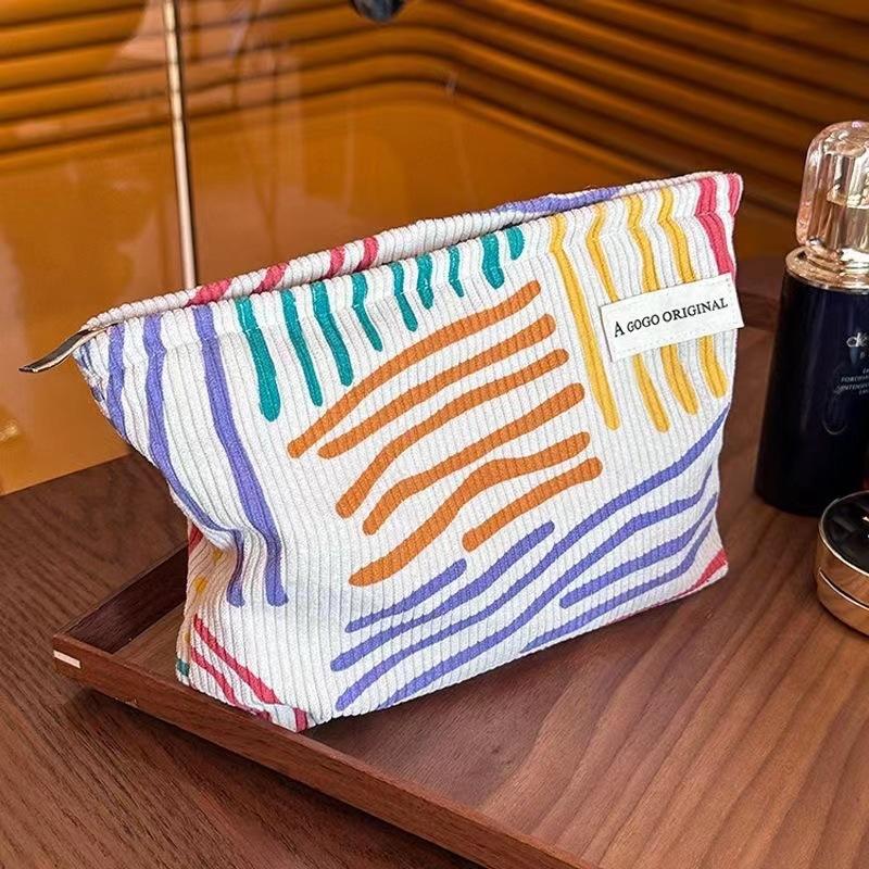 Colorful Stripes Corduroy Cosmetic Bag Portable Travel Toiletry Bag Skincare Sundries Aesthetic Makeup Storage Bag
