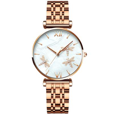 Women's Watch Dragonfly Pattern Quartz Wristwatch Life Waterproof Japanese Movement Mesh Band Diamond Decoration Sparkling Cute Girls Casual