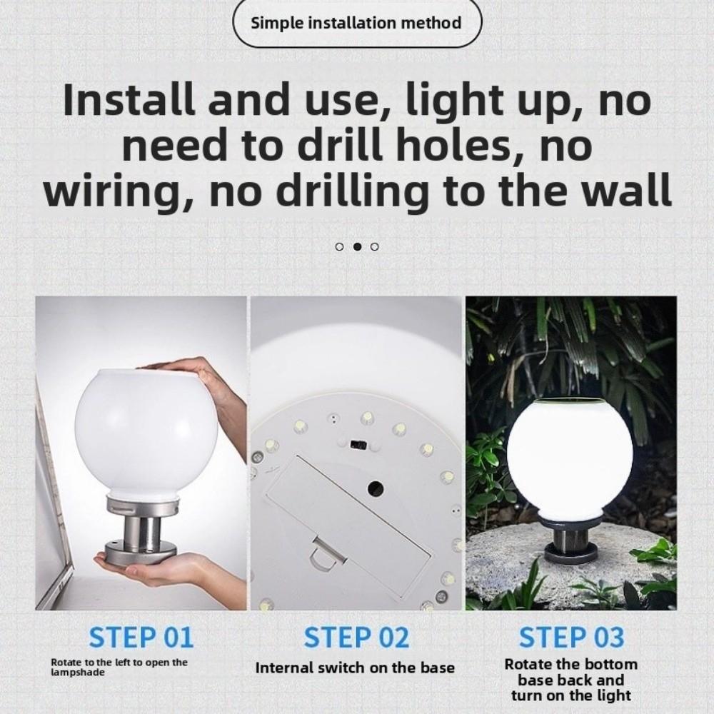 20/25CM Pillar Lamp Waterproof 3 Color Solar Cell Pillar Lamp Stainless Steel Intelligent Light Control LED Round Ball